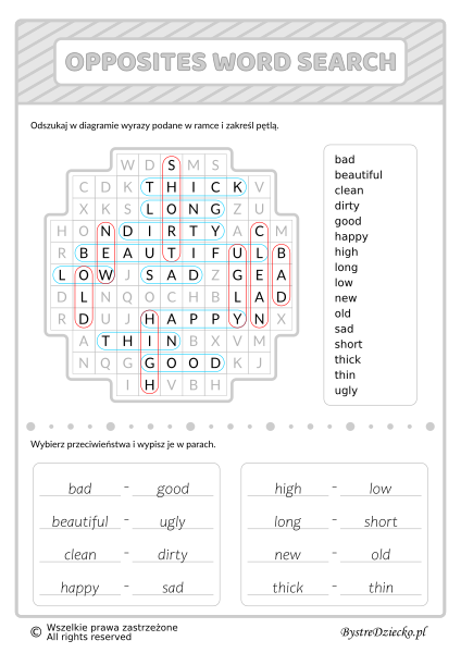 Angielski dla dzieci, przeciwieństwa wykreślanka - Opposites Word Search - worksheets for kids