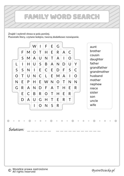 Angielski dla dzieci, rodzina wykreślanka - Family Word Search - worksheets for kids