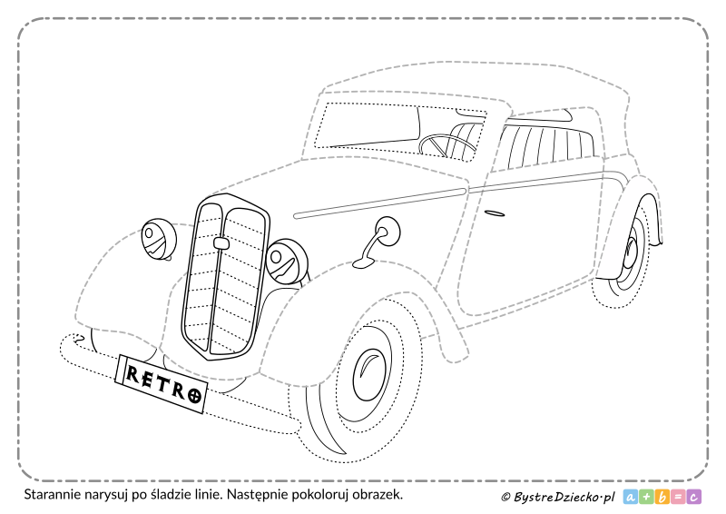 Retro auto jako ćwiczenie grafomotoryczne do rysowania po śladzie dla dzieci