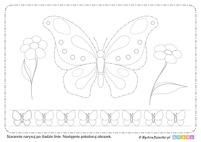 Motyl do rysowania po śladzie szlaczków dla dzieci, owady w ćwiczeniach grafomotorycznych