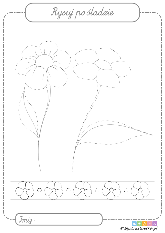 Kwiaty do rysowania po śladzie linii, karty pracy dla dzieci do druku do ćwiczeń grafomotoryki