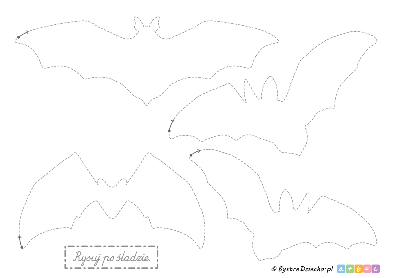 Nietoperze - ćwiczenia grafomotoryczne, rysowanie po śladzie dla dzieci