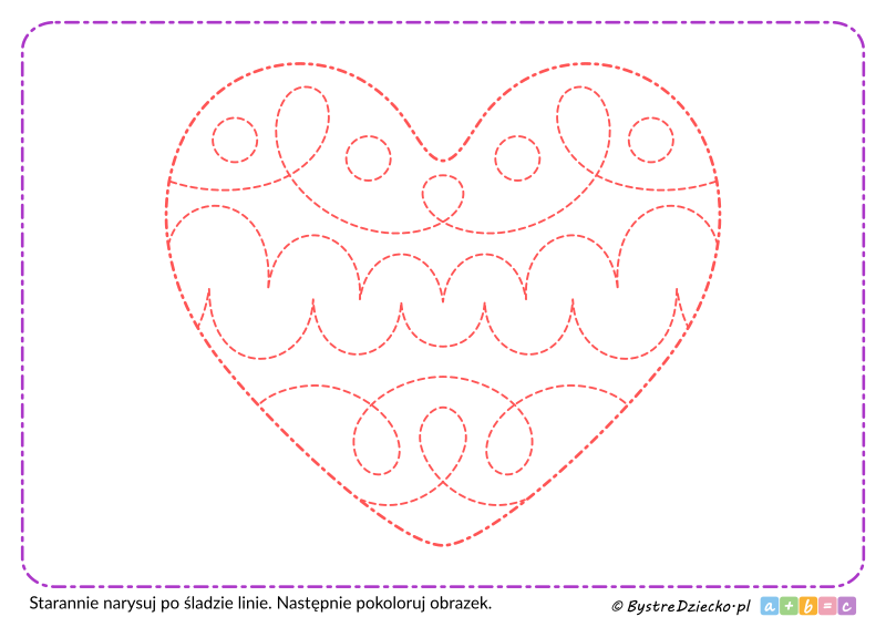 Walentynkowe serce jako ćwiczenie grafomotoryczne do rysowania po śladzie szlaczków dla dzieci