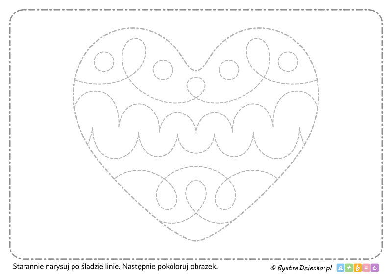 Walentynkowe serce jako ćwiczenie grafomotoryczne do rysowania po śladzie szlaczków dla dzieci