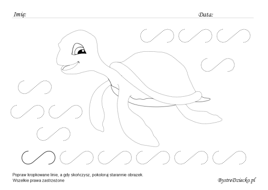 Żółw morski - Ćwiczenia grafomotoryczne, rysowanie po śladzie