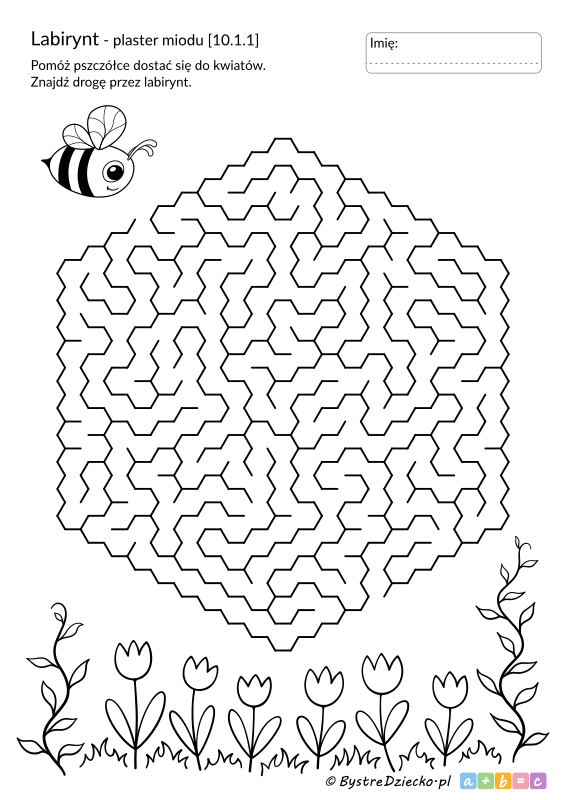 Labirynt z pszczółką, labirynty dla dzieci do druku jako ćwiczenia grafomotoryczne dla przedszkolaków