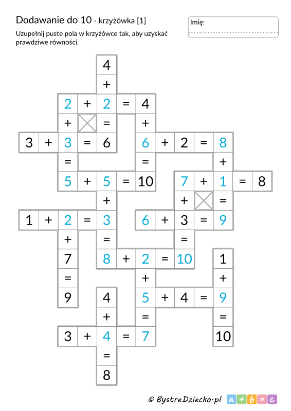 Krzyżówka matematyczna - zadanie łatwiejsze, dodawanie do 10 do druku - matematyka klasa 1, karty pracy dla dzieci