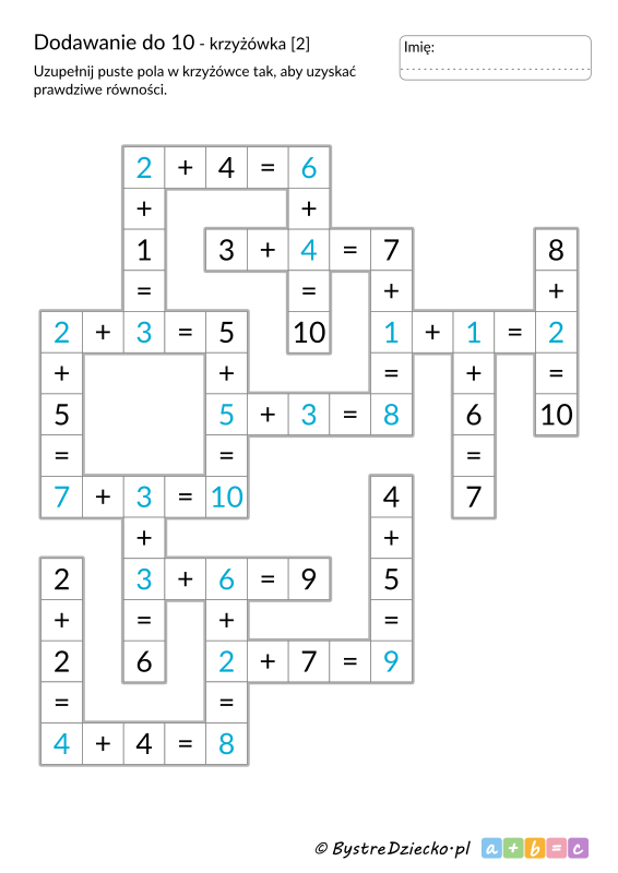 Krzyżówka matematyczna - zadanie łatwiejsze, dodawanie do 10 do druku - matematyka klasa 1, karty pracy dla dzieci