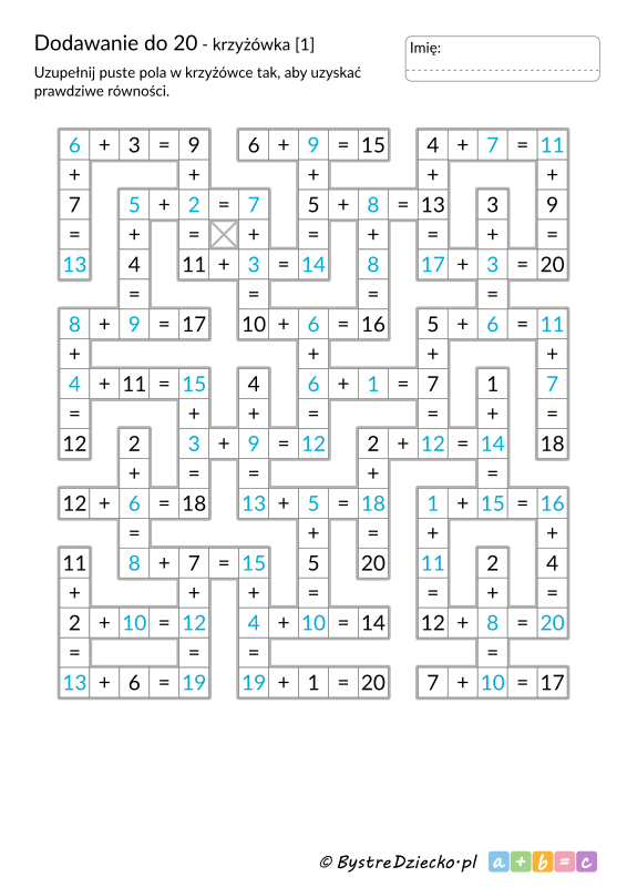 Krzyżówka matematyczna - zadanie i rozwiązanie, dodawanie do 20 do druku - matematyka klasa 1, karty pracy dla dzieci