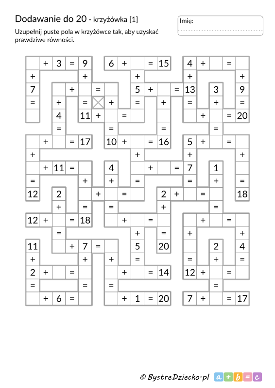 Krzyżówka matematyczna - zadanie, dodawanie do 20 do druku - matematyka klasa 1, karty pracy dla dzieci