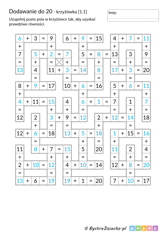 Krzyżówka matematyczna - zadanie łatwiejsze i rozwiązanie, dodawanie do 20 do druku - matematyka klasa 1, karty pracy dla dzieci