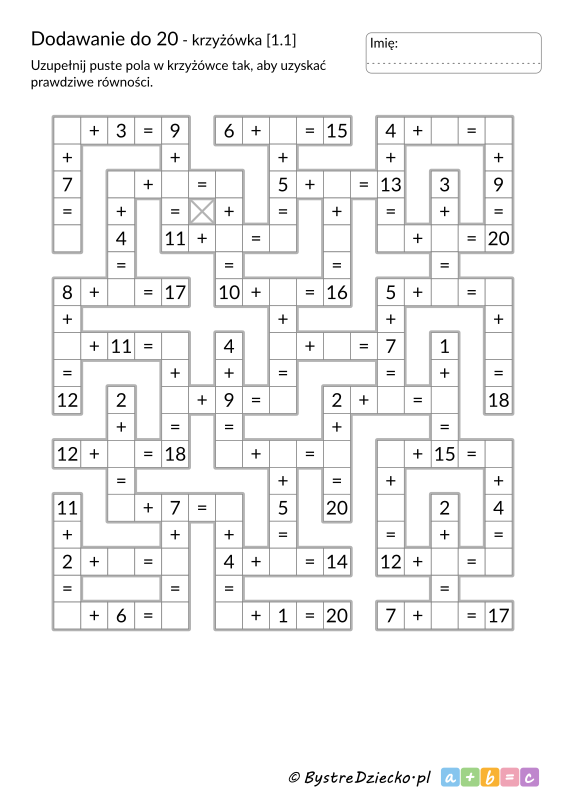 Krzyżówka matematyczna - zadanie łatwiejsze, dodawanie do 20 do druku - matematyka klasa 1, karty pracy dla dzieci