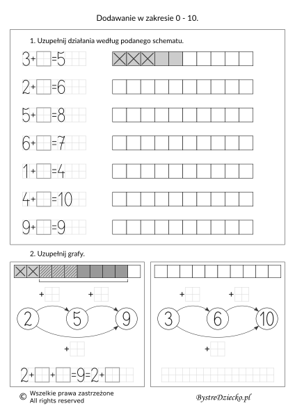 Nauka dodawania dla dzieci w zakresie 10 - grafy matematyczne - karty pracy
