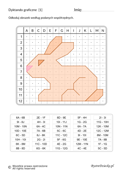 Zajączek wielkanocny jako dyktando graficzne, połącz punkty, nauka kodowania i programowanie dla dzieci - karty pracy do wydruku na Wielkanoc
