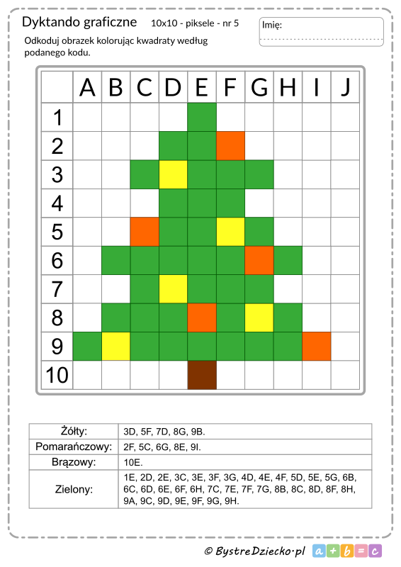 Bożonarodzeniowa choinka jako dyktando graficzne, piksele, ukryty obrazek na Boże Narodzenie, nauka kodowania i programowanie dla dzieci - karty pracy do wydruku na zimę