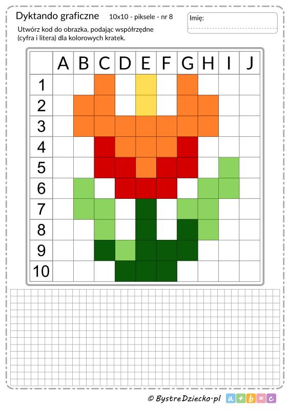 Dyktando graficzne z kwiatami, tulipan, piksele, nauka kodowania i programowanie dla dzieci - karty pracy do wydruku