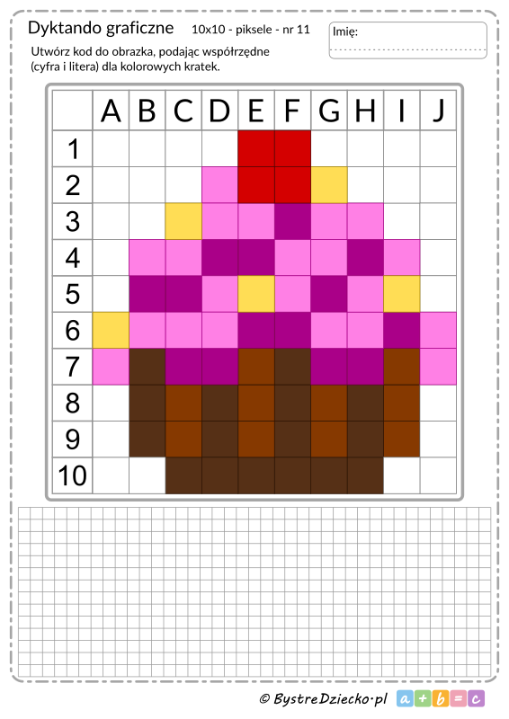 Dyktando graficzne ze słodyczami, czekoladowa babeczka z kremem, piksele, nauka kodowania i programowanie dla dzieci - karty pracy do wydruku