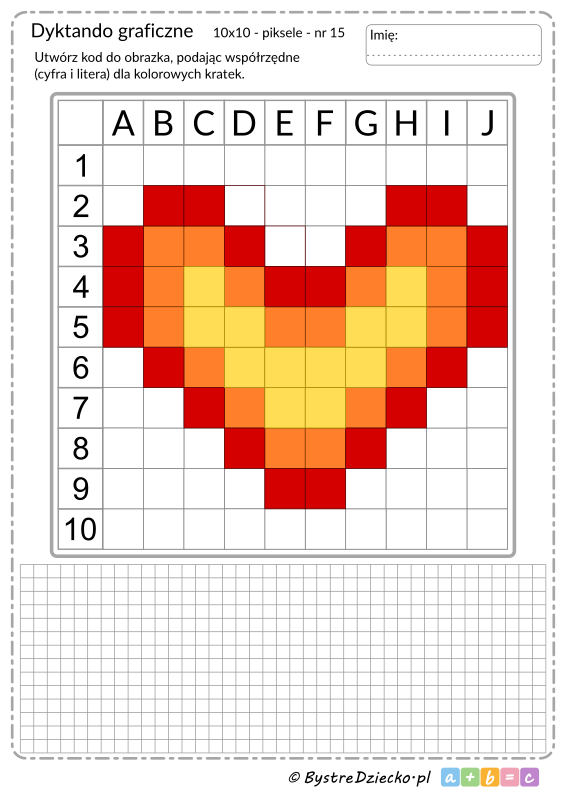 Dyktando graficzne - serce na Walentynki, piksele, nauka kodowania i programowanie dla dzieci - karty pracy do wydruku