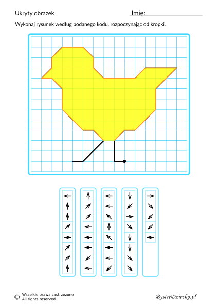 Kurczaczek Wielkanocny jako dyktando graficzne, strzałki, nauka kodowania i programowanie dla dzieci - karty pracy do wydruku
