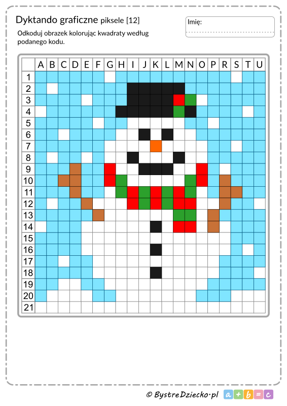 Śnieżny bałwan jako dyktando graficzne, piksele, nauka kodowania i programowanie dla dzieci - karty pracy do wydruku na zimę