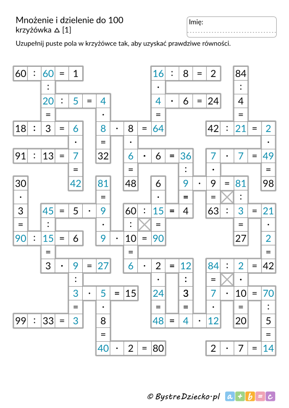 Krzyżówka matematyczna - zadanie i rozwiązanie, mnożenie i dzielenie do 100 do druku - matematyka klasa 3, karty pracy dla dzieci