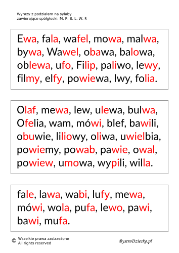 Wyrazy, zdania i teksty z podziałem na sylaby pisane dwoma kolorami czcionki - nauka czytania dla dzieci metodą sylabową - MPBLWF