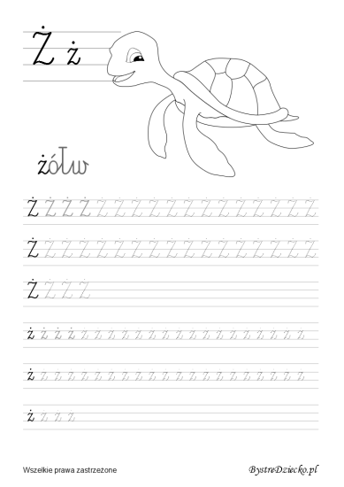 Ż jak żółw, Literki dla dzieci z kolorowankami - nauka pisania liter