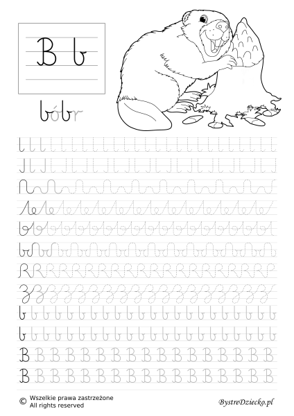 Nauka pisania dla dzieci, b pisane, ćwiczenia grafomotoryczne w postaci szlaczków dla dzieci z kolorowanką