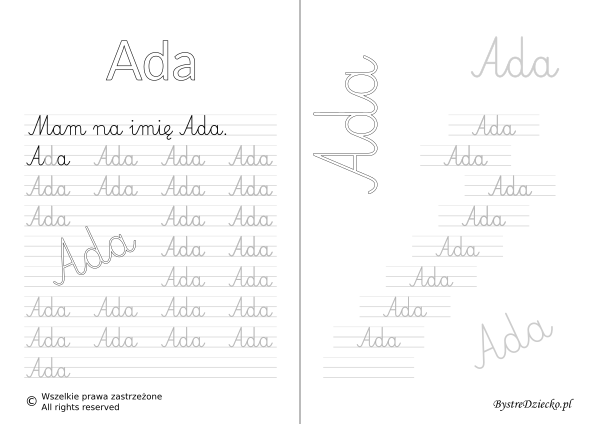 Karty pracy z imionami - nauka pisania imion dla dzieci - Ada