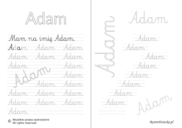 Karty pracy z imionami - nauka pisania imion dla dzieci - Adam