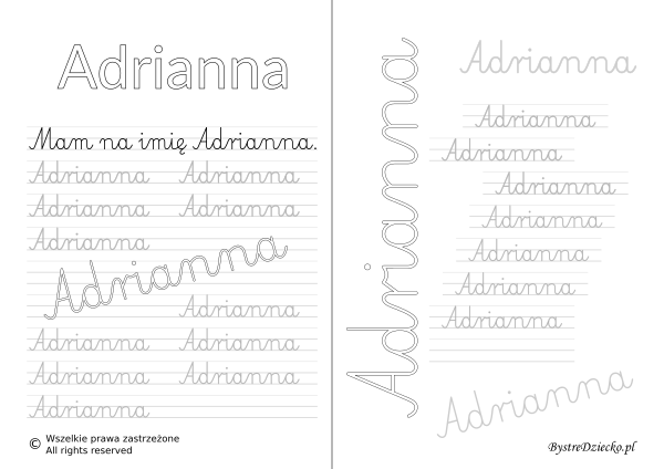 Karty pracy z imionami - nauka pisania imion dla dzieci - Adrianna
