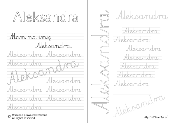Karty pracy z imionami - nauka pisania imion dla dzieci - Aleksandra