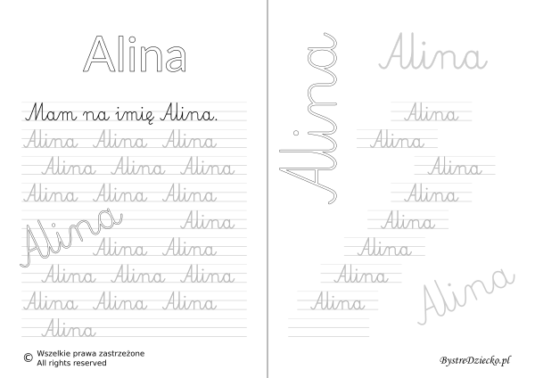 Karty pracy z imionami - nauka pisania imion dla dzieci - Alina