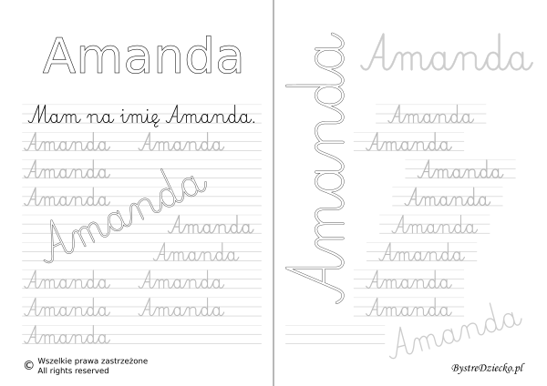 Karty pracy z imionami - nauka pisania imion dla dzieci - Amanda