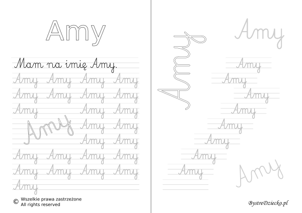 Karty pracy z imionami - nauka pisania imion dla dzieci - Amy