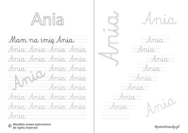 Karty pracy z imionami - nauka pisania imion dla dzieci - Ania