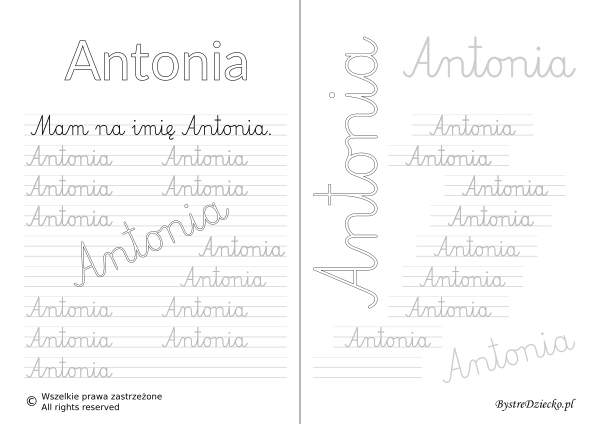 Karty pracy z imionami - nauka pisania imion dla dzieci - Antonia