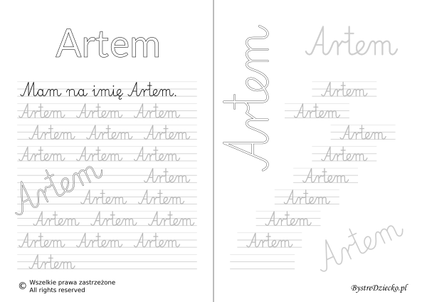 Karty pracy z imionami - nauka pisania imion dla dzieci - Artem