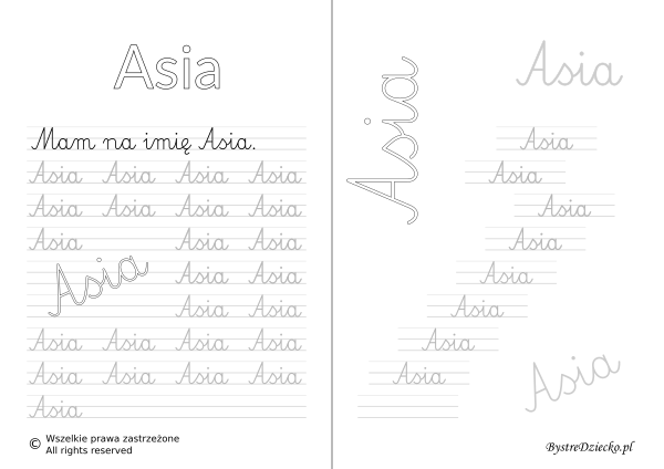 Karty pracy z imionami - nauka pisania imion dla dzieci - Asia