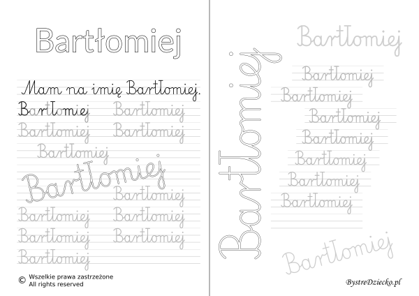 Karty pracy z imionami - nauka pisania imion dla dzieci - Bartłomiej