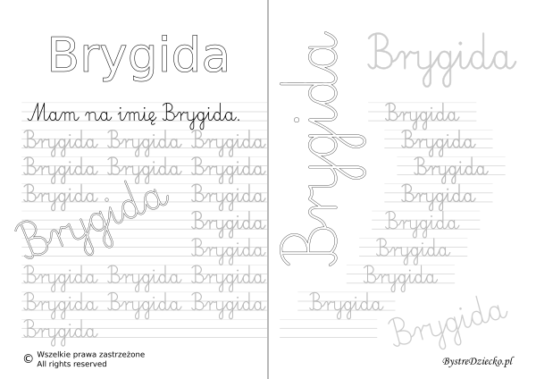 Karty pracy z imionami - nauka pisania imion dla dzieci - Brygida