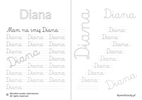 Karty pracy z imionami - nauka pisania imion dla dzieci - Diana
