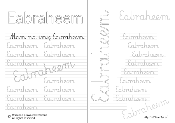 Karty pracy z imionami - nauka pisania imion dla dzieci - Eabraheem