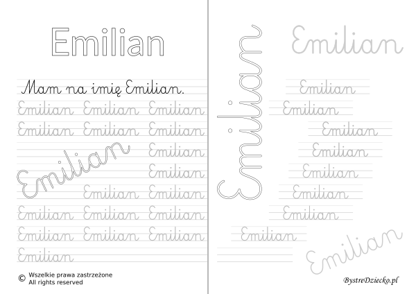 Karty pracy z imionami - nauka pisania imion dla dzieci - Emilian