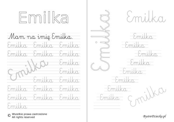 Karty pracy z imionami - nauka pisania imion dla dzieci - Emilka