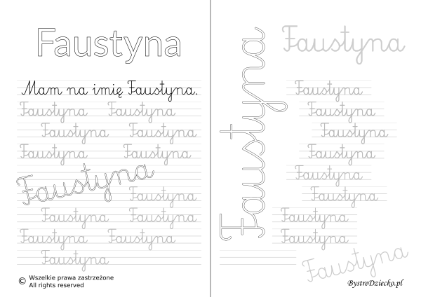 Karty pracy z imionami - nauka pisania imion dla dzieci - Faustyna