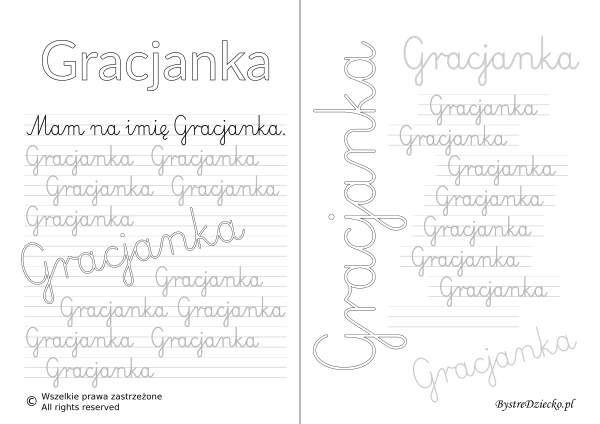 Karty pracy z imionami - nauka pisania imion dla dzieci - Gracjanka