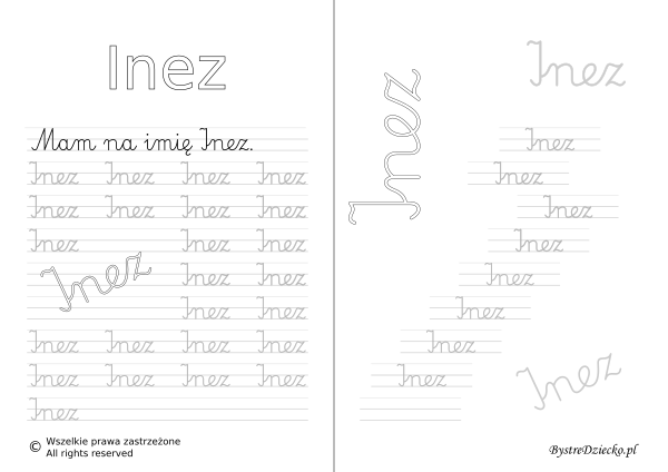 Karty pracy z imionami - nauka pisania imion dla dzieci - Inez