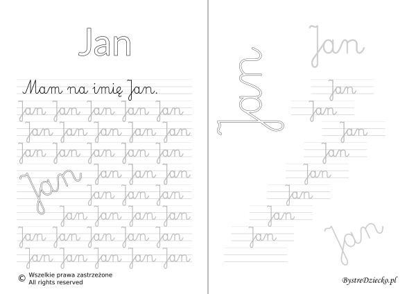 Karty pracy z imionami - nauka pisania imion dla dzieci - Jan