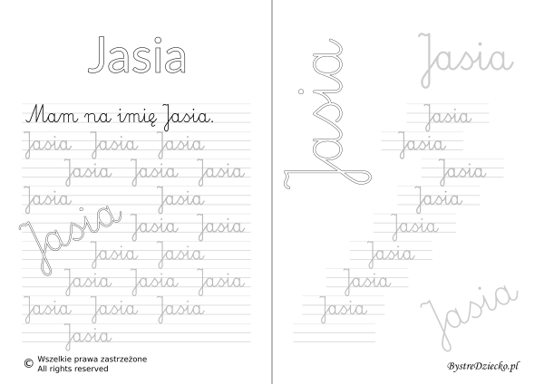 Karty pracy z imionami - nauka pisania imion dla dzieci - Jasia
